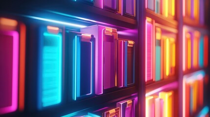 Fototapeta premium A vibrant bookshelf illuminated with neon colors, showcasing a variety of books in a visually striking arrangement.