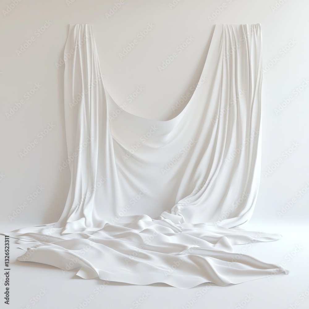 Poster minimalist white: draped fabric on white background, abstract still life with soft light and texture