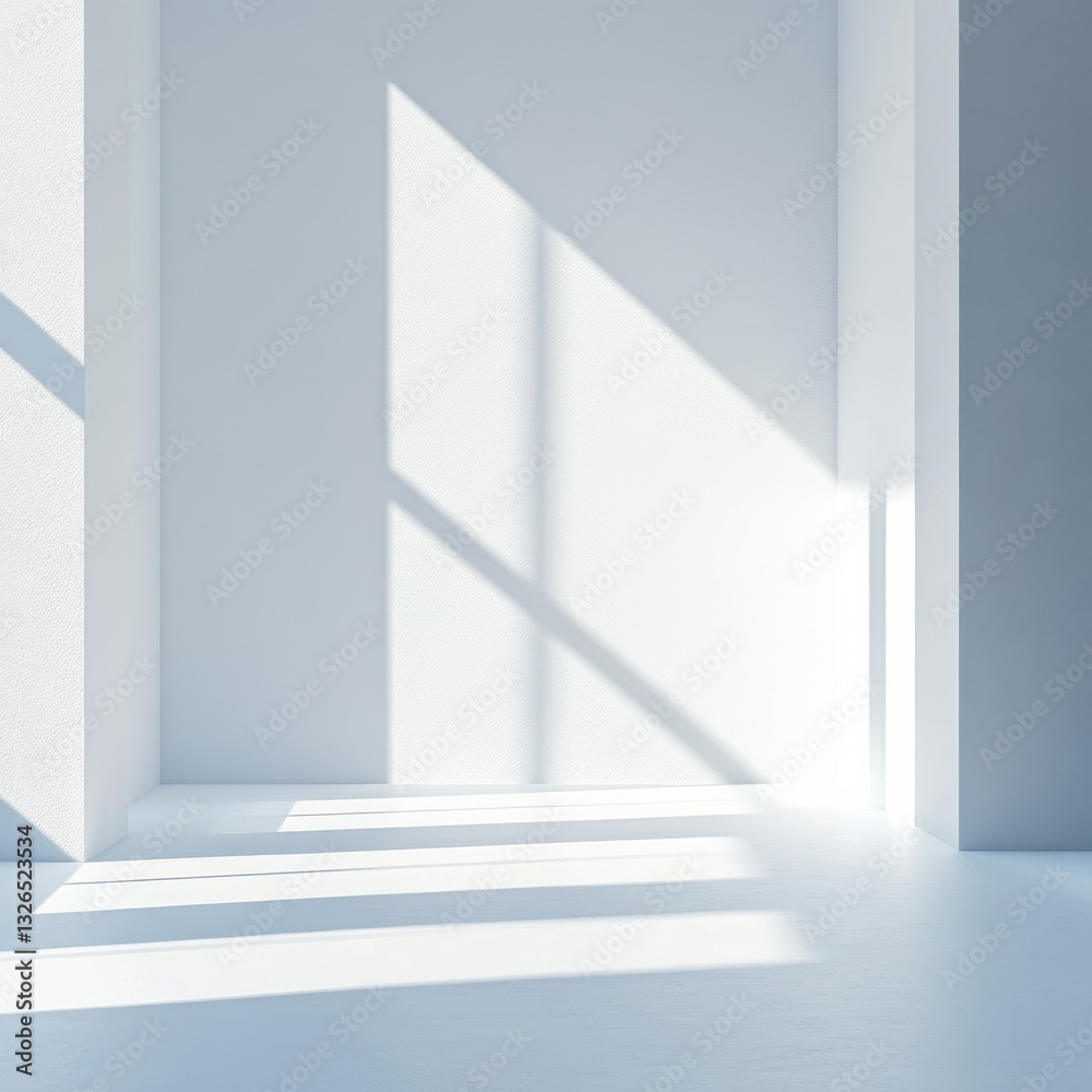 Poster minimalist white room interior with sunlight and shadows creating a clean and abstract composition.