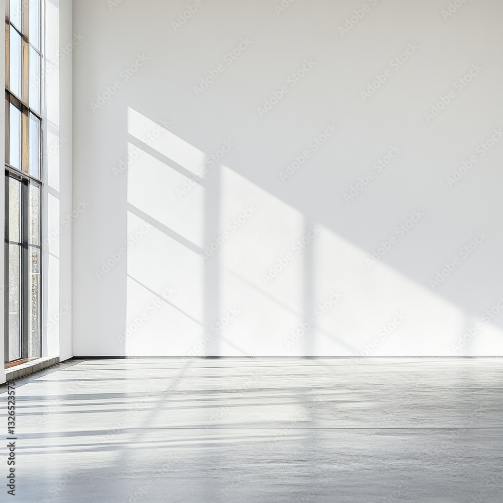 Poster minimalist white room with large window and sunlight casting shadows on floor and wall