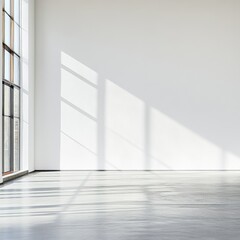 Minimalist White Room with Large Window and Sunlight Casting Shadows on Floor and Wall