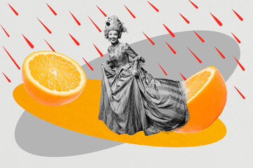 Poster trend sketch template 3D collage of orange fruit citrus young lady walk rain aristocratic...