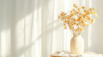 Sunlit beige vase with dried flowers on table against elegant white curtains