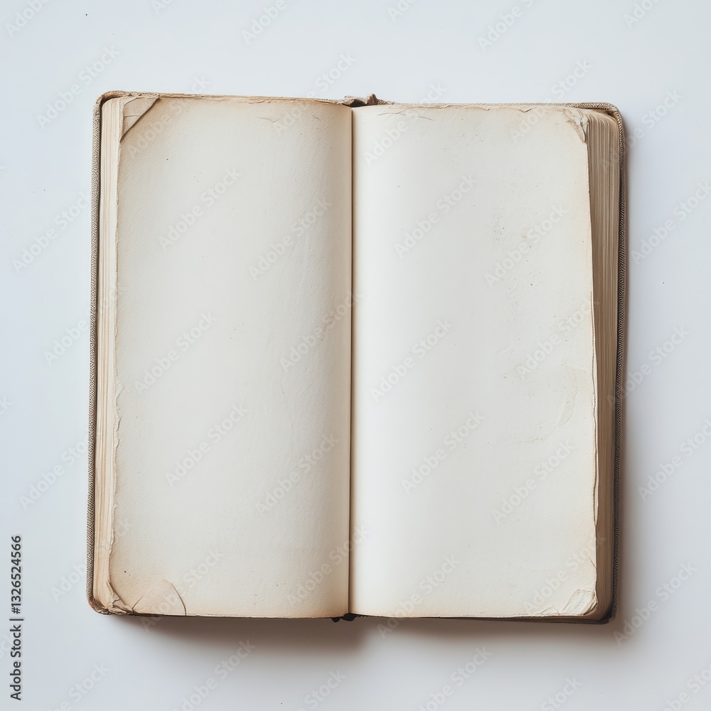 Poster open book with blank pages, ready for your story or design, placed on a clean white surface.