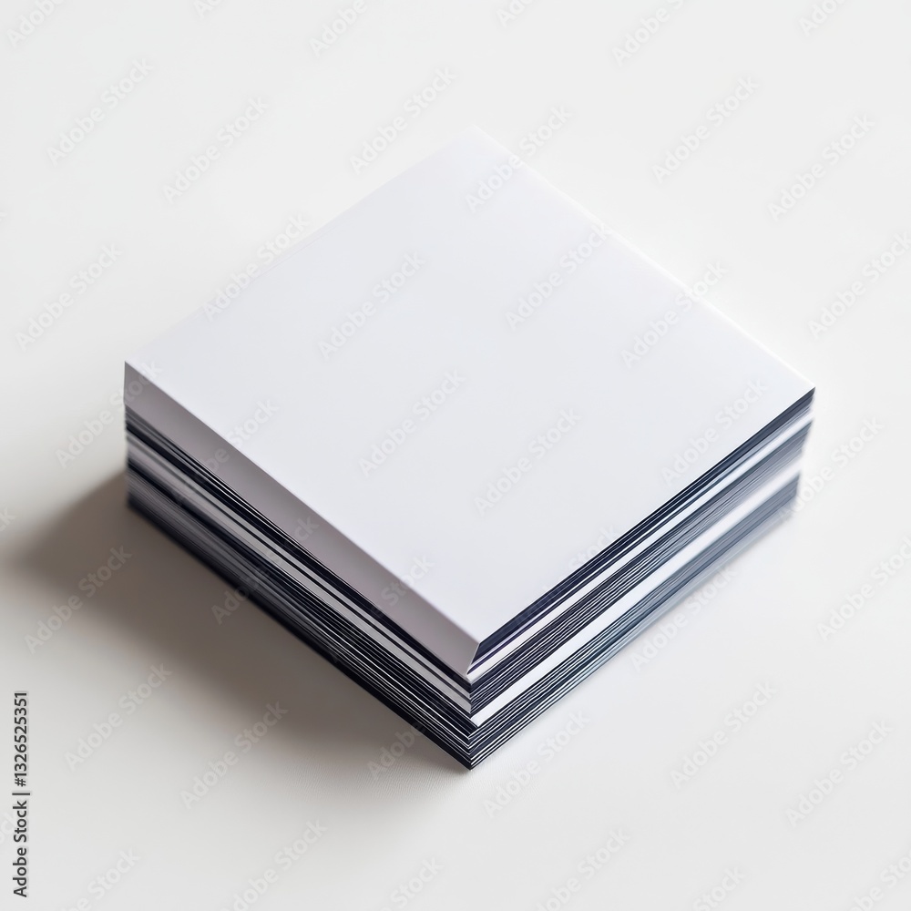 Poster stack of blank white paper sheets on white surface, ready for notes and creativity