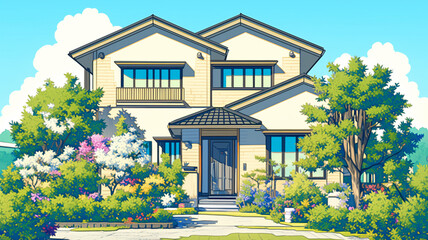 洗練されたデザインの住宅｜豊かな緑に囲まれた静かな住まい｜広々とした庭がある理想の住環境｜ナチュラルな色合いが美しい戸建て住宅｜快適な暮らしを実現するモダンな一軒家｜開放的で風通しの良い住まい｜木々と花に囲まれた落ち着いた住宅｜家族が集う理想の住まい