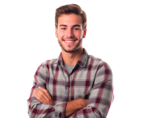 portrait of proud casual man in plaid shirt crossing arms and smiling on transparent background 