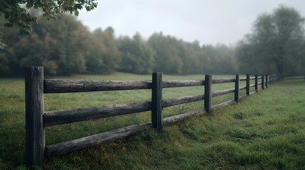 Fototapeta premium Rustic wooden fence in a misty meadow