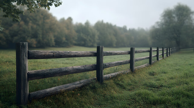 Rustic wooden fence in a misty meadow