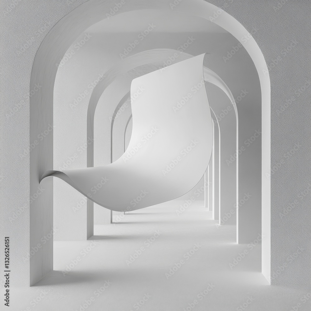 Poster white arches corridor with floating fabric: a minimalist architectural dreamscape in monochrome