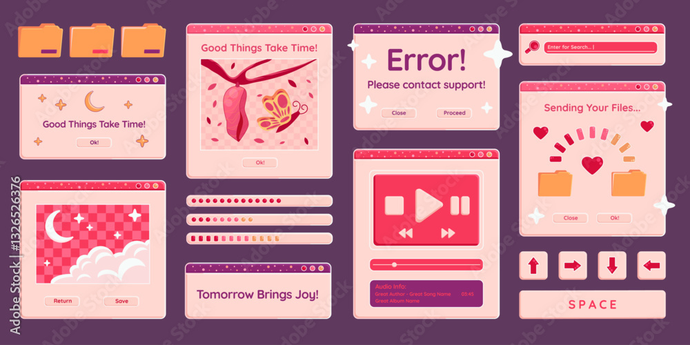 Poster glossy cute computer windows and screens with text, messages and other user interface elements. tech