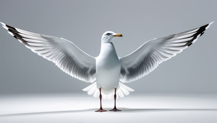 Obraz premium Majestic White Seagull with Outstretched Wings Against a Grey Background