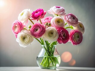 Fototapeta premium Silhouetted pink and white ranunculus bloom in a vase, a dramatic floral photography study.