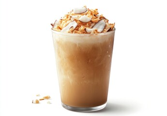 Iced Coffee Drink with Coconut Topping Refreshing Tropical Beverage Concept