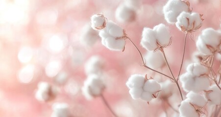 Fototapeta premium Blooming Cotton Plant on Soft Pink Background Creates a Serene Atmosphere