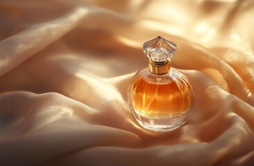 Elegant Perfume Bottle on Satin Fabric with Soft Light and Shadows