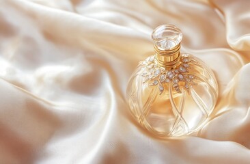Elegant Perfume Bottle Displayed on Soft Cream Colored Silk Fabric