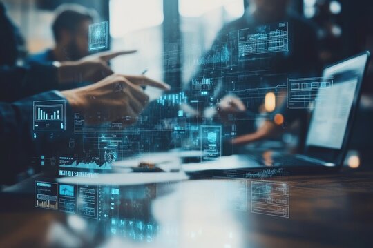 Dynamic collaborative workspace with team engaged in design thinking and augmented reality displays - Powered by Adobe