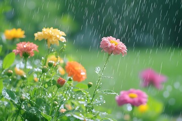 feelings are stirred by a wet yard with scent of damp earth view of vivid blooms and mild noise of rain hitting foliage  
