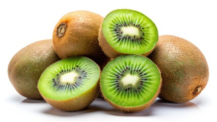 Fototapeta premium Top view of vibrant, isolated kiwis against a stark white backdrop. High-resolution stock photo.