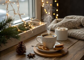 Cozy Coffee Scene with Holiday Decor