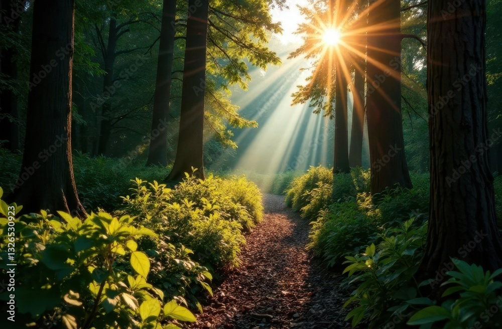 Poster exploring the tranquility of a sunlit forest path for health and well-being