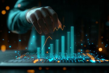 Businessman engaging with a holographic financial graph in a high tech workspace atmosphere
