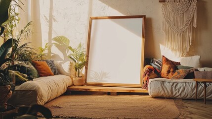 A cozy living room, empty white photo frame leaning against a cream-colored textured wall. 