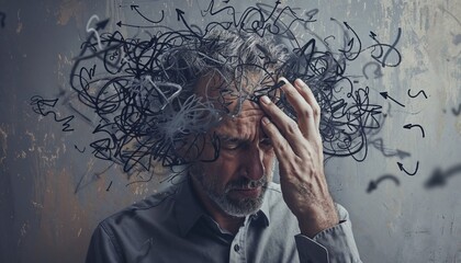 An older man with a tense expression holds his head while abstract scribbles and tangled lines represent stress, anxiety, and cognitive overload in a conceptual image about mental health struggles 