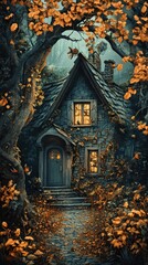 A charming cottage nestled within a forest of autumnal hues