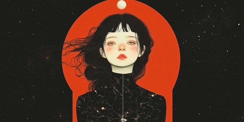 Artistic illustration of a woman with flowing hair against a striking red background and cosmic elements