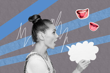 Template sketch composite artwork collage of young lady hand hold speech cloud mouth lips smile...