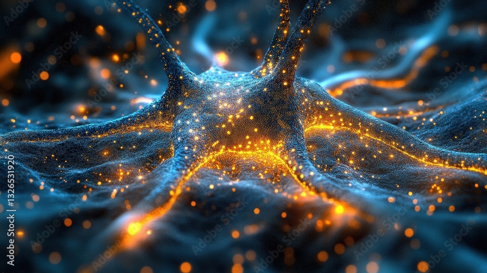 Poster a vibrant, abstract representation of interconnected neurons with glowing particles, showcasing the 