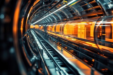 In a cutting edge logistics hub, a sleek transparent tunnel transports cargo efficiently