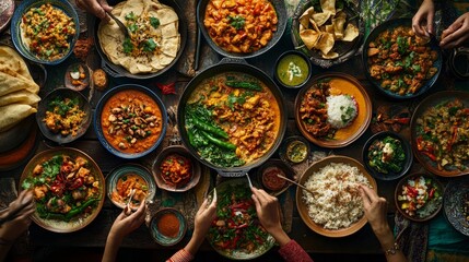 Colorful Array of Traditional Indian Cuisine with Diverse Dishes and Hands Sharing at Festive Table