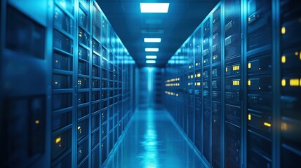 Fototapeta premium A dimly lit corridor of server racks, illuminated by blue lights, creating a high-tech atmosphere in a data center.