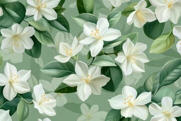 Obraz premium Elegant pattern featuring white flowers and green leaves, perfect for seasonal decor or textile design, evoking a fresh and soothing atmosphere