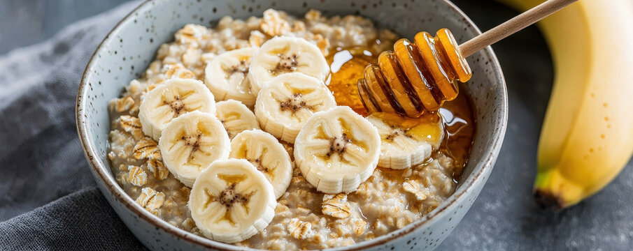 Creamy oatmeal topped with banana slices and honey drizzle - Powered by Adobe