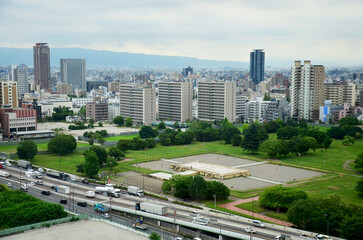 Aerial view cityscape of Osaka city at around Osaka castle