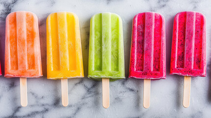 Colorful fruit popsicles on marble surface create refreshing scene