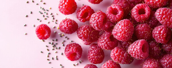 Fresh raspberries and chia seeds on pink background