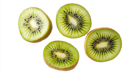 Fototapeta premium Slices of fresh kiwi floating in mid air on white background