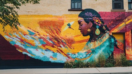 Obraz premium Colorful Mural Depicting a Woman with Vibrant Feathers and Nature Elements in Urban Setting