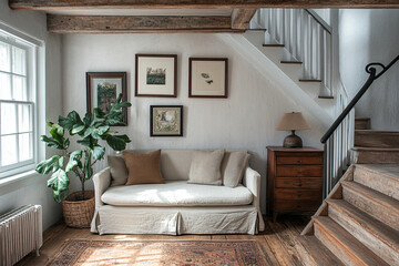Vintage country style cottage entry way living room interior sofa with picture wall above.