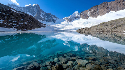 Turquoise Glacial Lake Reflecting Snow-Covered Peaks in Nature
