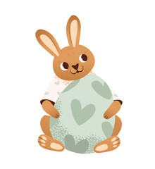 Obraz premium Easter bunny with colorful egg with hearts. Cute rabbit with easter egg. Flat vector illustration.