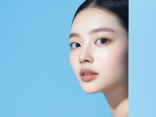 美しい女性の顔のアップ。ブルーバック。夏の日差しと女性のスキンケアやコスメイメージ。
生成AI