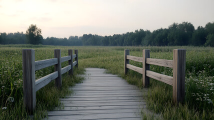 Fototapeta premium Tranquil wooden path through a grassy field at dawn