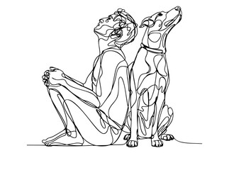 owner dog fun walk love one line art design vector