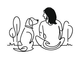 owner dog fun walk love one line art design vector